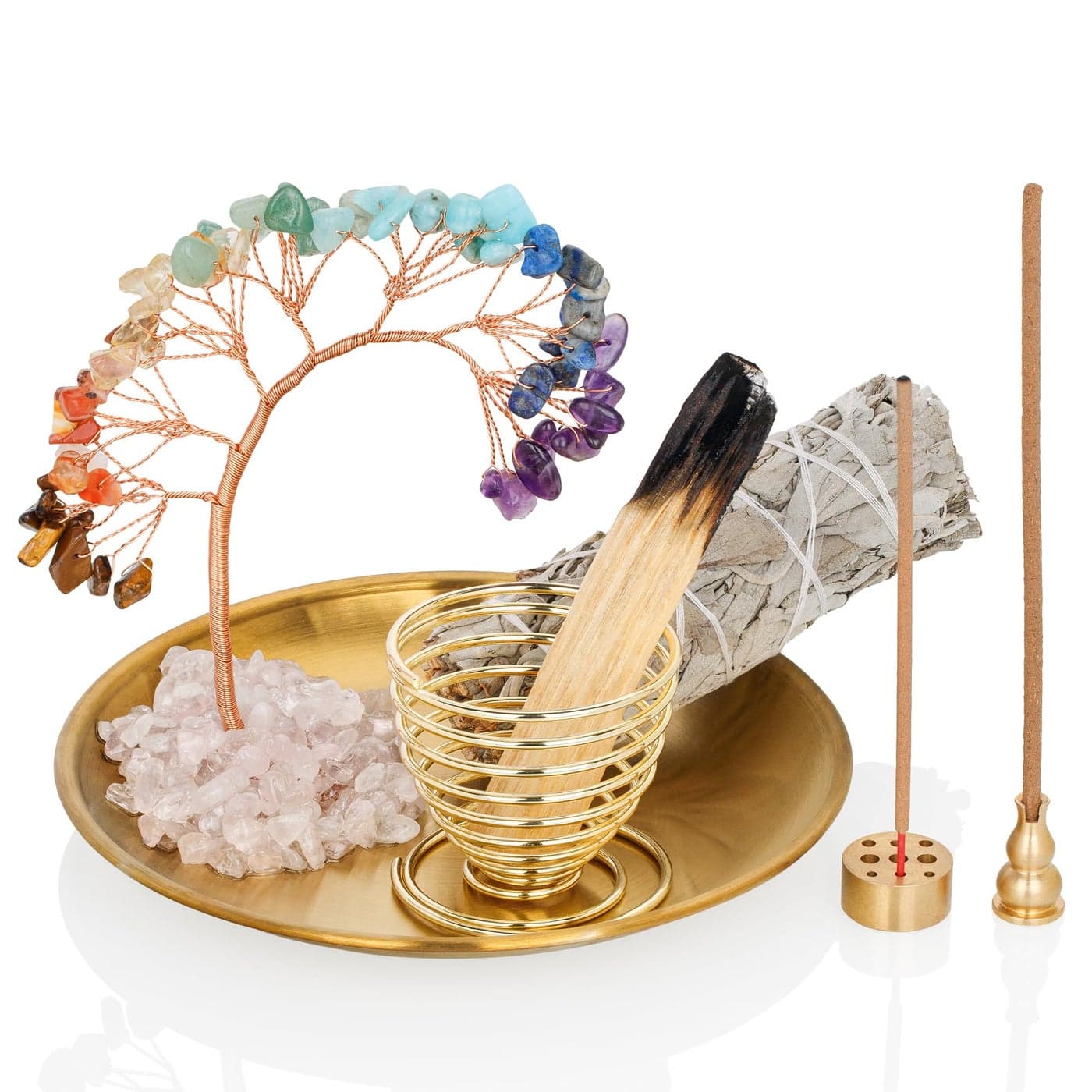 ZenBless 7 Chakra Healing Crystal Tree Incense Holder Palo Santo Sage Burner Brass Ash Catcher for Incense Sticks Coil Cones Yoga Meditation Zen Spiritual Room Home Decoration Round