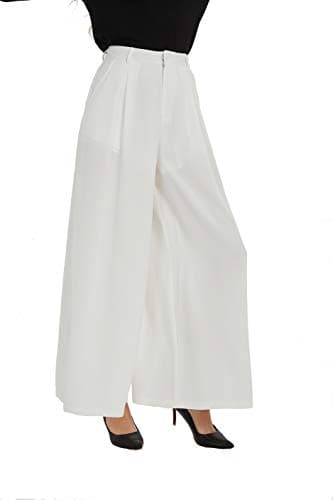 Tronjori Women High Waist Casual Wide Leg Long Palazzo Pants Trousers Regular Size(XXL,Ivory White)