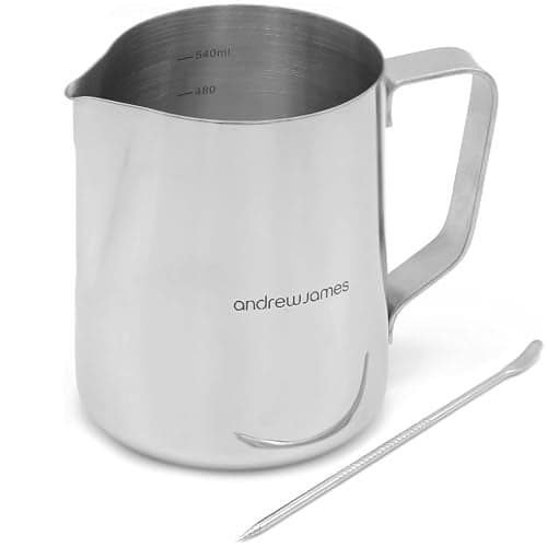 Andrew James 350600ml Stainless Steel Milk Jug for Frothing Milk Barista Style Metal Jug for Coffee Machine Steady Pour Lip and Measuring Scale Included Milk Art Pen 600ml