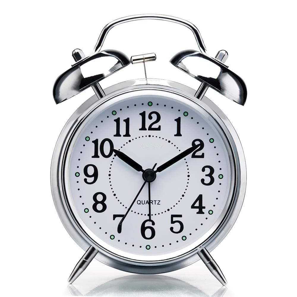 Barebeauty Vintage Twin Bell Table Alarm Clock with Night LED Light Heavy Slippers Extra Loud Alarm Clock Ideal for Student and Kids Bedroom Silver