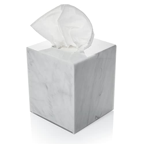 Acrylic Tissue Box Holder, Square Dispenser for Facial Tissues, Napkins, and Dryer Sheets. Perfect for Bathrooms, Desks, Countertops, Vanities, Bedrooms, and Nightstands (Square, Marble)