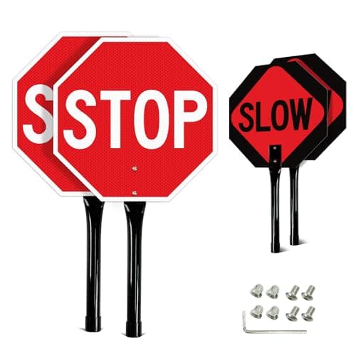 GicnKeuz Stop Slow Sign with Metal Handle 13x13 inches Double Sided SlowStop sign Traffic Reflective Aluminum Sign Fade ResistantWaterproof Easy to Mount 2 Pack