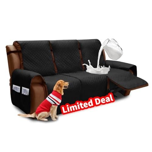 XINEAGE Water Resistant Recliner Cover, 3 Seat Sofa Covers with Pockets, Quilted Thick Protector Cover for Dog Pets with Non Slip Backing and Strap (Black)
