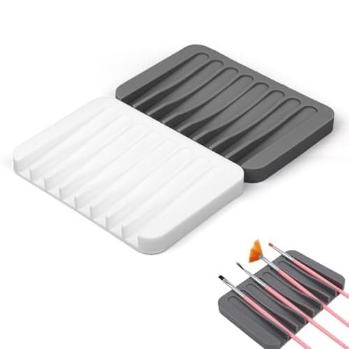 Penitue 2pcs Paint Brush Holder Silicone Washable Paintbrush Organizer Stand with 8 Slots Brush Rinse Cleaner for Oil Acrylic Watercolor Painting Gray White