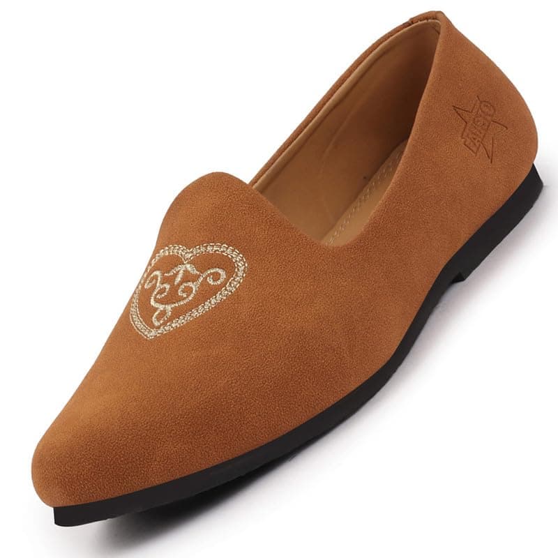 FAUSTO FST KI-481 TAN-44 Men's Tan Traditional Ethnic Embroidered Design Velvet Slip On Juttis & Mojaris for Party|Wedding|Festival (10 UK)