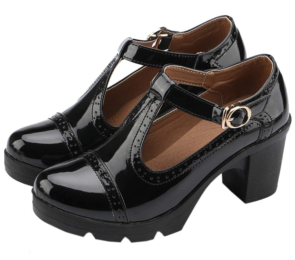 DADAWEN Women's Classic T-Strap Platform Mid-Heel Square Toe Oxfords Dress Shoes Black US Size 6
