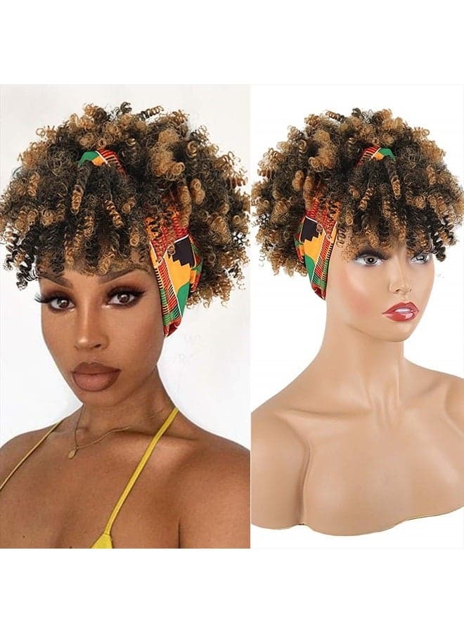 Wrap Wigs for Black Women,Short Kinky Curly Wigs Brown Wigs with Bangs Headwrap Wigs 2 in 1,Synthetic Short Afro Wigs High Puff Full Wigs Ombre Brown Wig with Scarf Turban Drawstring Wig