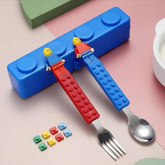 BIRZAR Kids Stainless Steel Building Blocks Cutlery Set of 3 Interactive Lunch Set with FiguresSpoon Fork Cutlery Set with Storage Box for Kids for Birthday Return Gift