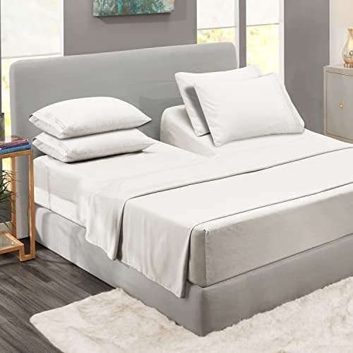 Clara Clark Flex Top King Sheets, 6 Piece Set - Hotel Luxury Sheets for Top Split King Bed, Super Soft Bedding Set, Head Split King White