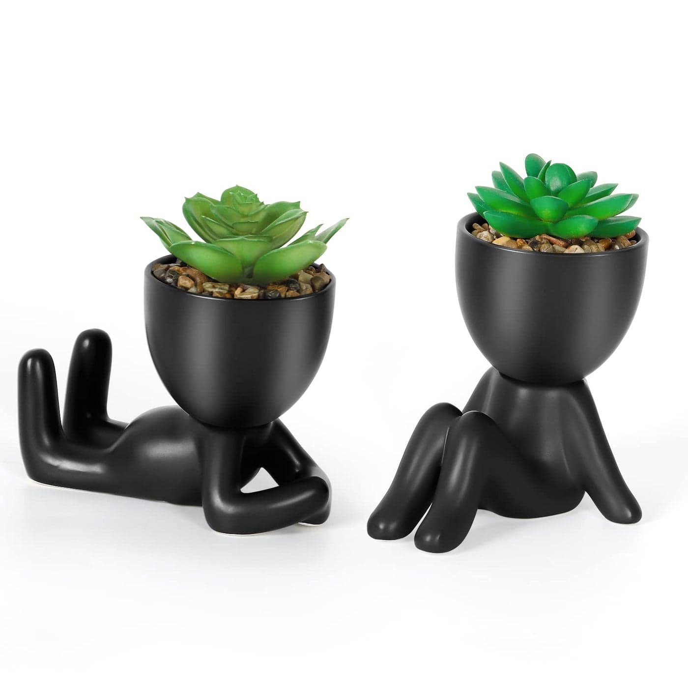 Dremisland 2PCS Fake Plants Artificial Succulents Potted Plant Indoor in Black Ceramic Pot Mini Faux Succulents Green Plant Cute Desk Decor for Home Office Table Living Room Shelves
