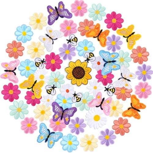 Solasocool Flower Iron on Patches Applique 62pcs Embroidered Butterfly Sew on Patch for Clothes Hats Backpacks Cute Embroidery Patches for Clothing Jeans Bag DIY Accessories