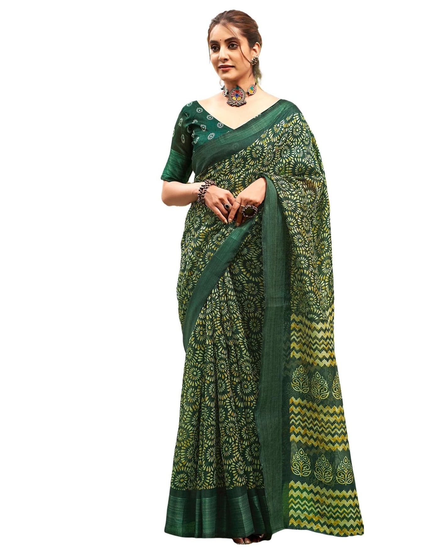 SIRIL Women's Cotton Blend Floral Printed Zari Stripe Border Saree With Unstitched Blouse Piece(3772S163_Green)