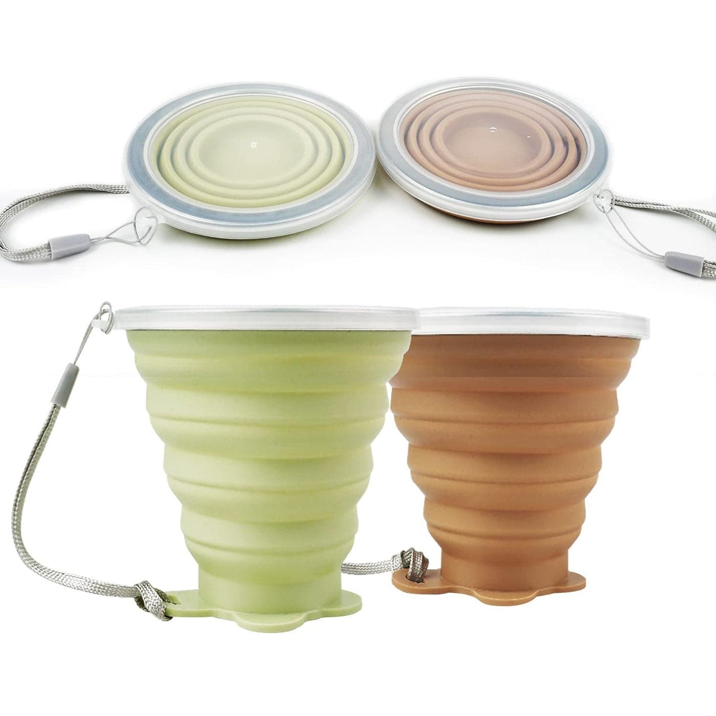 JBER Silicone Collapsible Travel Cup Silicone Folding Camping Cup with Lids Expandable Drinking Cup for Outdoor Hiking Travel Yellow Green Light Brown