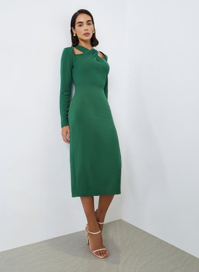 Green Criss-Cross Front Midi Dress