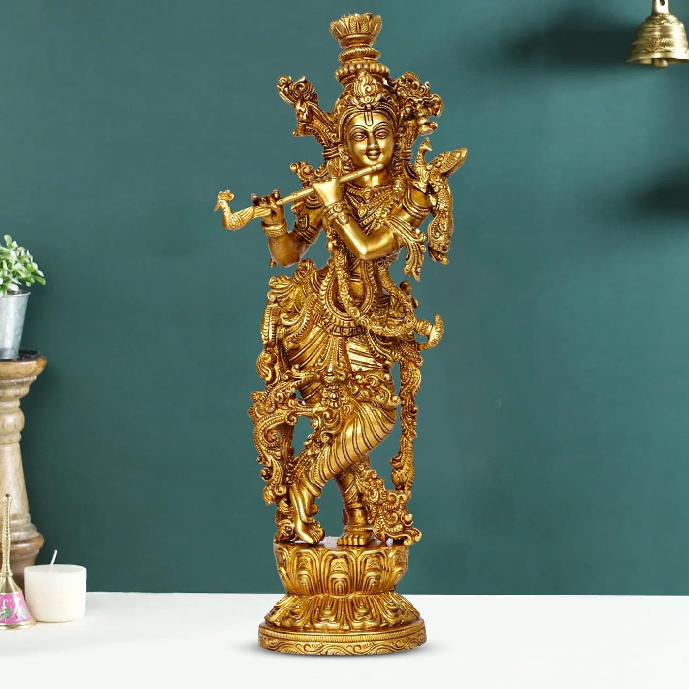 ARTVARKO Lord Murli Manohar Krishna Krishan Brass Statue Murti Gift Home Dcor Big Size Height 14 Inches