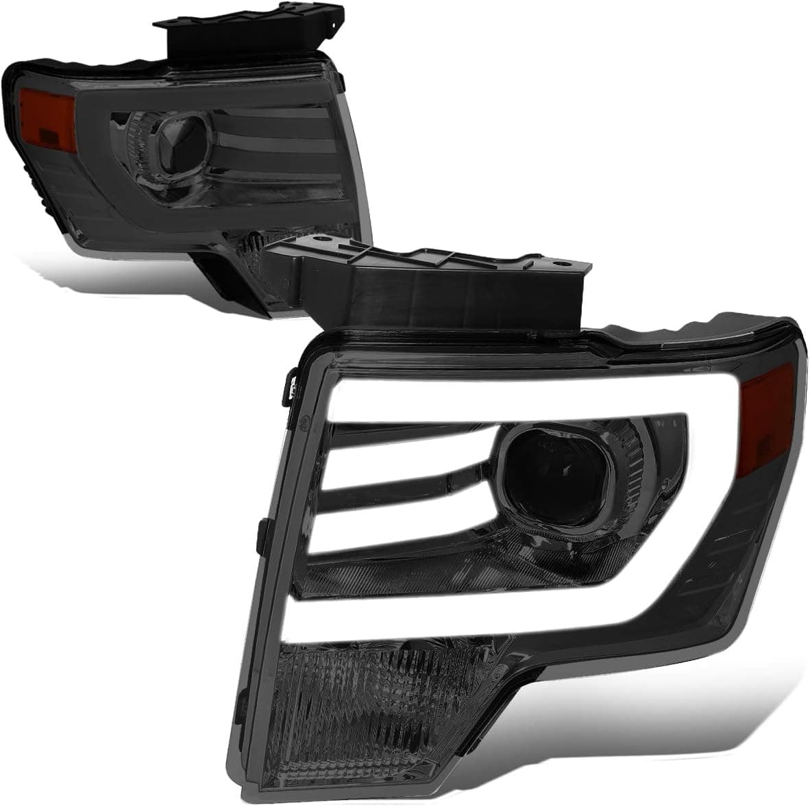 DNA Motoring HL-3D-F15009-AM Smoked Lens Amber Projector Headlights with 3D LED Running Light Bar for 09-14 F150