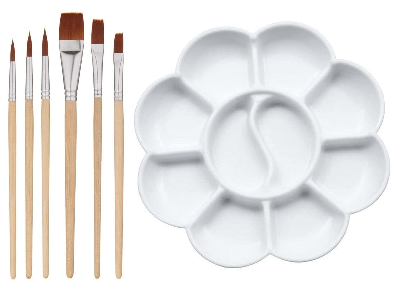 DEZIINE�.Fx1Pcs Small FlowerPalette and 3Pcs Flat and 3Pcs Round Paint Brush Set with Short Wood Handles Color Mixing Palette Paint Plate Draw Palette - White