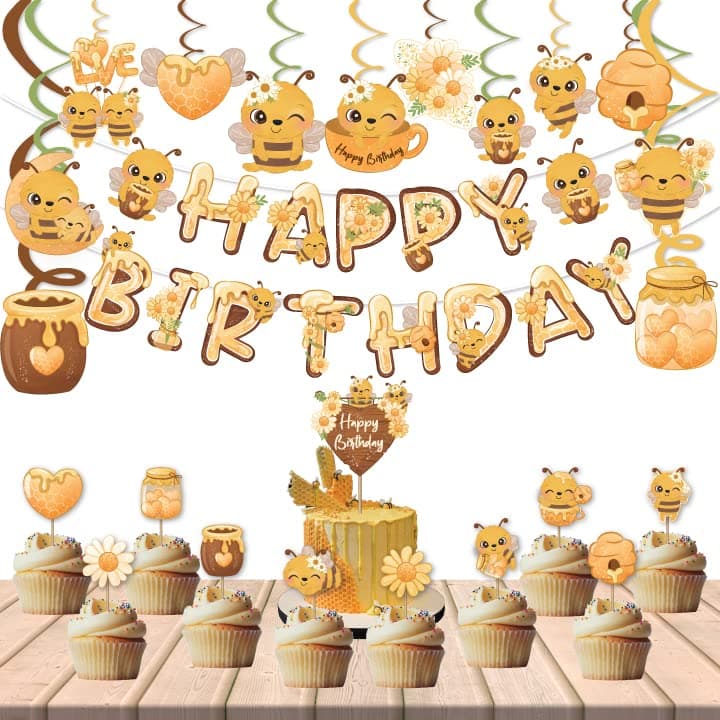 Festiko® Honey Bee Theme Birthday Decoration (Banner, Swirls, Cake & Cupcake Toppers), Bumble Bee Theme Birthday Decoration for Kids