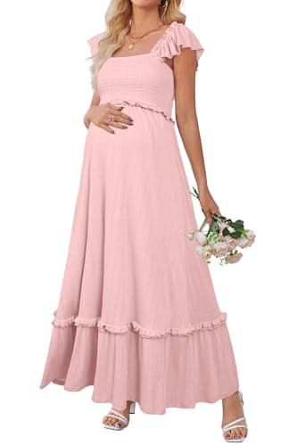 OUGES Womens 2025 Summer Maternity Baby Shower Dress Casual Boho Maxi Smocked Maternity Photoshoot Dresses Ruffle Sleeve Square Neck Gender Reveal Long Dress Pregnancy Must Have Clothes (Pink,M)