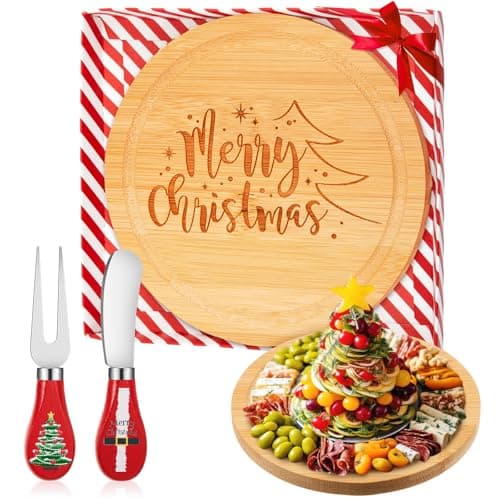 Ziliny 1 Set Christmas Cheese Board and Knife Gift Set, Wooden Small Charcuterie Board Mini Xmas Holiday Serving Tray for Party Appetizers Home Decoration (Round)