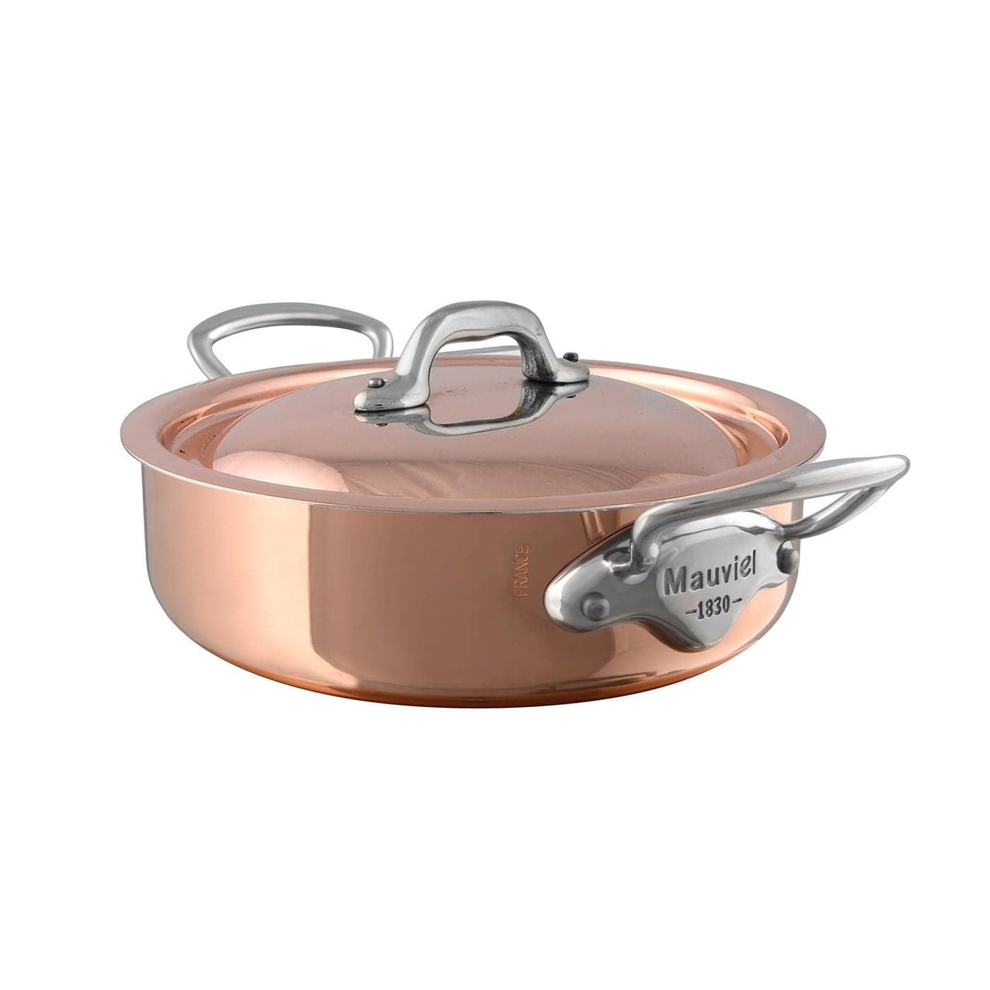 Mauviel MHeritage 150 S 15mm Polished Copper Stainless Steel RondeauBraiser Pan With Curved Lid and Cast Stainless Steel Handle 6qt Made In France