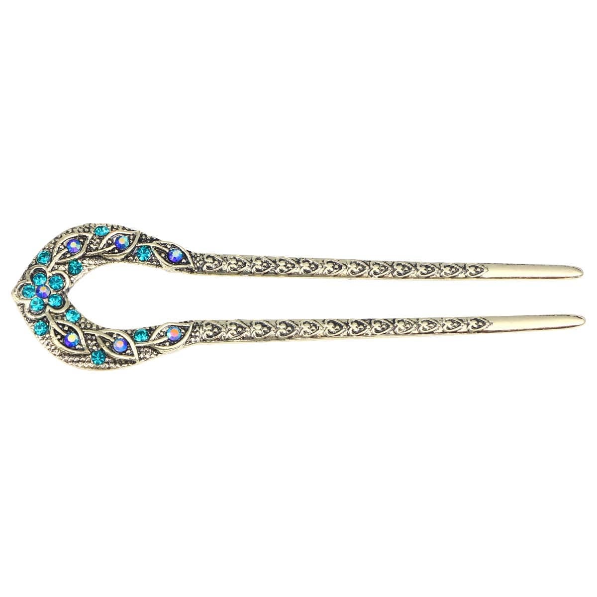 Double Prong Hair Pin U Shaped Crystal Chignon HairPin Stick Hairstyle Accessory for Women GirlsBlue