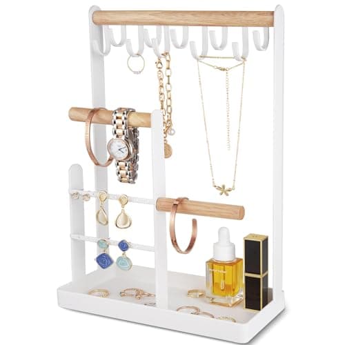 ProCase Jewelry Stand Holder Organizer 4Tier Necklace Holder with Ring Tray 10 Hooks Necklaces Hanging Small Jewelry Display Storage Tower Tree for Bracelets Earrings Watches Medium White