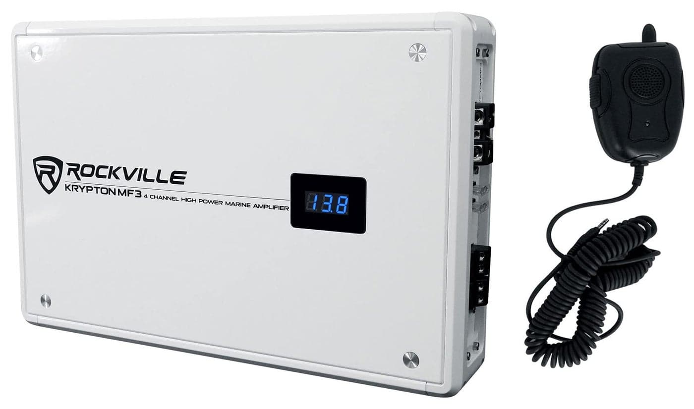Rockville Krypton MF3 1600w Peak 4 Channel Marine Amplifier White PA Microphone Rustproof Adjustable Crossover for Boats