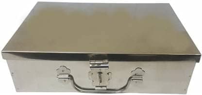GinoSet® Stainless Steel Storage Boxes,Cash Peti, Pooja Peti,Organizer, Vanity Box, Safe Locker Box 12 inch Storage Box With Handel (Steel) W-12, H-3", L-9" Cash Box