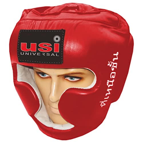 USI UNIVERSAL Boxing Headguard, 8002 Muay Thai Head Guard, Traditional Style with Extra Padding, Top Grain Hide Leather, Hand Crafted Shock Absorbent Padding, Lace Closure(Size L, Red)