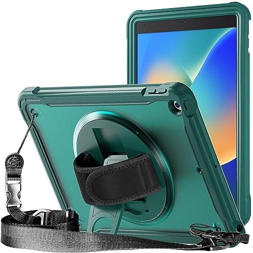 ProElite Cover for iPad 10.2 Cover Case, Rugged Shockproof Armor case for Apple iPad 10.2" 9th/8th/7th Gen with Hand Grip and Rotating Kickstand (Transparent Back) with Should Strap, Midnight Green
