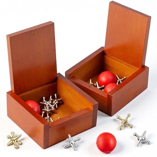 Hiboom 2 Pack Metal Jacks Game with Balls in Keepsake Wooden Box Vintage Jacks Game for Kids and Adults Nostalgic Floor Games Retro Old School Board Games for Family Night Birthday Party Favor