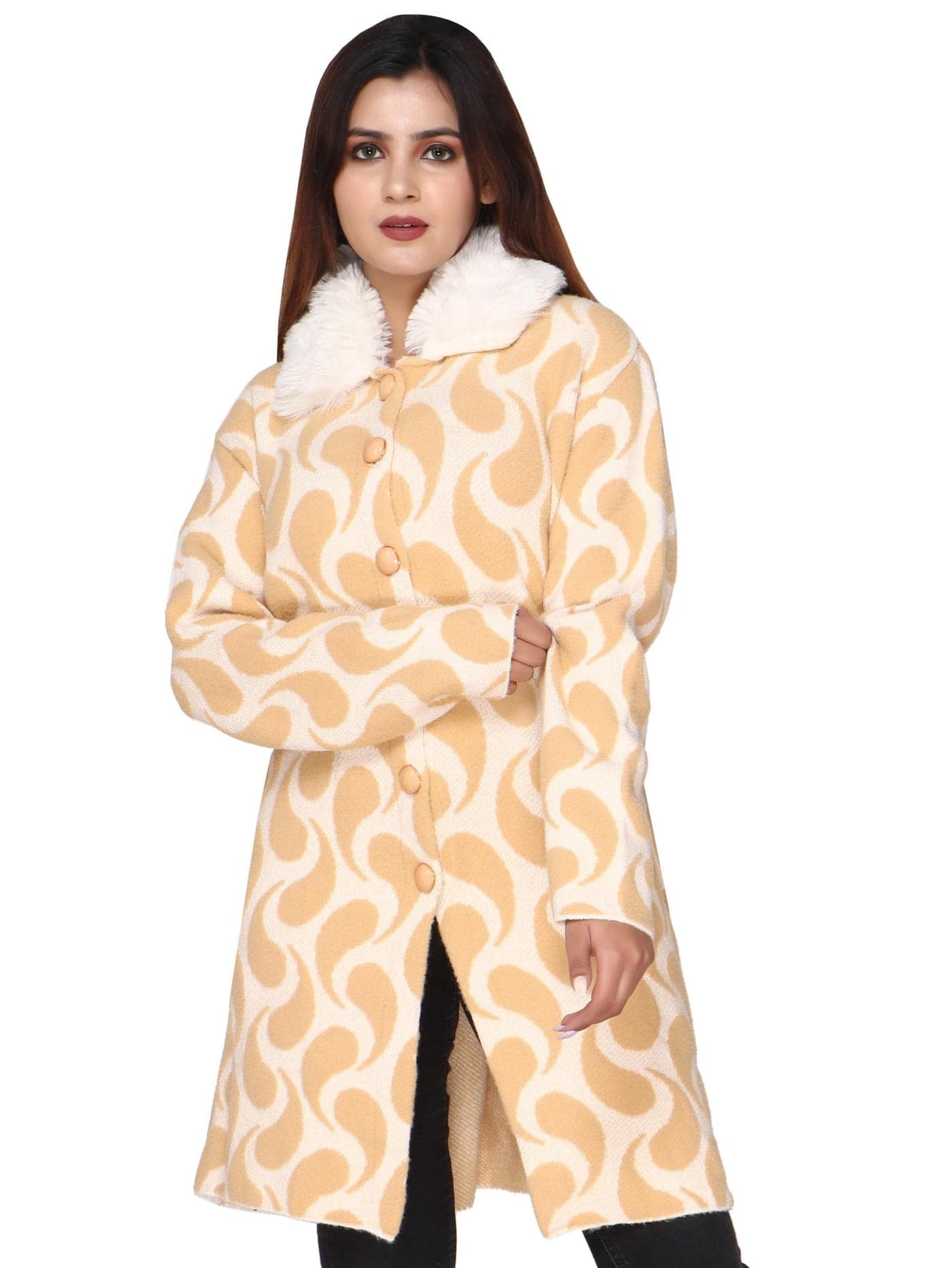 JANIYA Women's Woolen Knee Length Button Closure,Fur Collar Neck,Stylish Winter Casual Wear Coat, Cardigan,Sweater. (Beige.), Free Size