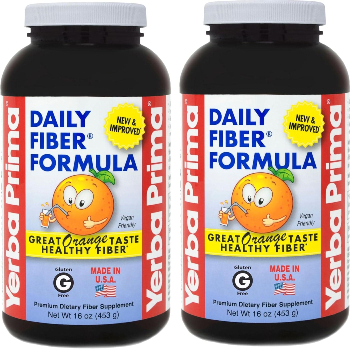 Yerba Prima Daily Fiber Formula 16 oz Pack of 2 Premium Dietary Fiber Supplement NonGMO Gluten Free Made in The USA Orange Flavor
