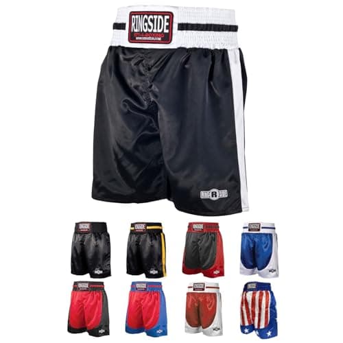Ringside Pro-Style Boxing Trunks, Satin Boxing Shorts for Men and Women, Ideal for Boxing, MMA, Muay Thai, Black/White, Large