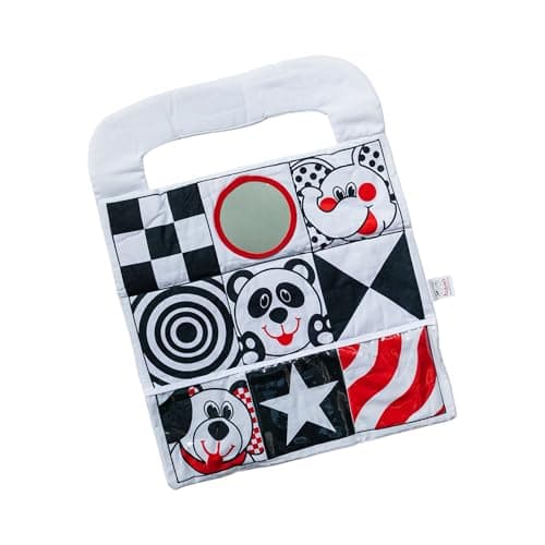 Reversible Car Activity Center Toy for Baby in Black, White and Red, Easy to Attach, with Baby Safe Mirror
