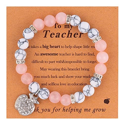 VICKHU Teacher appreciation gifts,Natural Stone teacher Bracelet gifts for women,thank you gifts for teacher meaningful gifts for women with gift message card (apple-white)