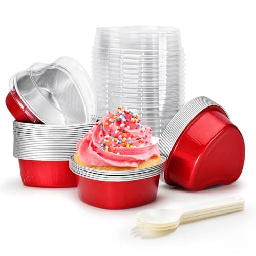STN Mini Heart Shaped Cake Pans 100 ml/ 3.4 Ounces Heart Aluminum Foil Cupcake Pans 50pcs Valentine's Day Baking Cups With Lids Spoon for Valentine Mother's Day Birthday Wedding (Red)