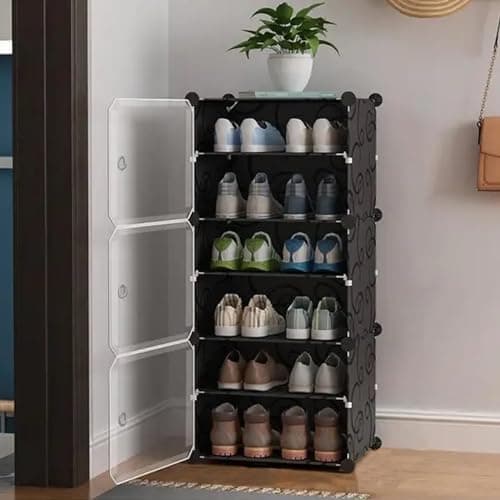 AYSIS Premium Modular Plastic Shoe Rack for Home with Door | ๐-๐๐ข๐๐ซ Stackable Shoe Organizer | Waterproof & Dustproof | Space Saving Storage for Home, Bedroom & EntrywayใBlack, 6-Shelf-3-Doorใ