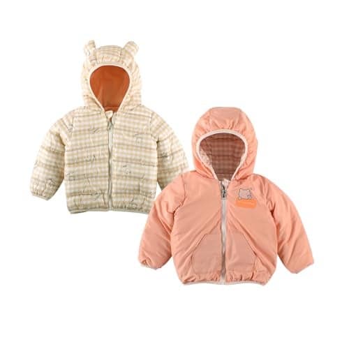 Bold N Elegant Cartoon Print Reversible Winter Puffer Jacket for Kids Hooded Coat Jacket with Fleece Lining for Boys & Girls (4-5 Years, Check-Peach)