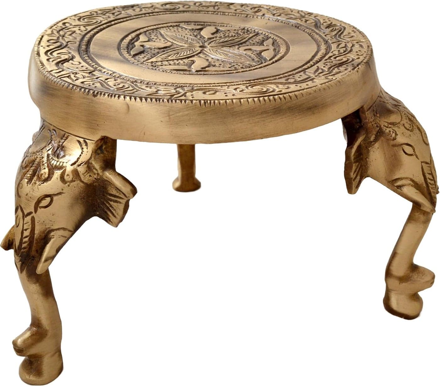 Two Moustaches Elephant Pillars Design Brass Pooja Chowki Chowki for God Idols Chowki for Puja 55X55X4 LXWXH Inches Brown Pack of 1