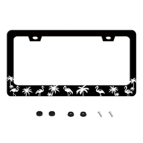 Tropical Flamingo License Plate Frame Funny Stainless Steel Palm Tree Animal License Plate Frames Auto Parts Decoration with Screws License Plate Holder for Men Women 12x6 Inch