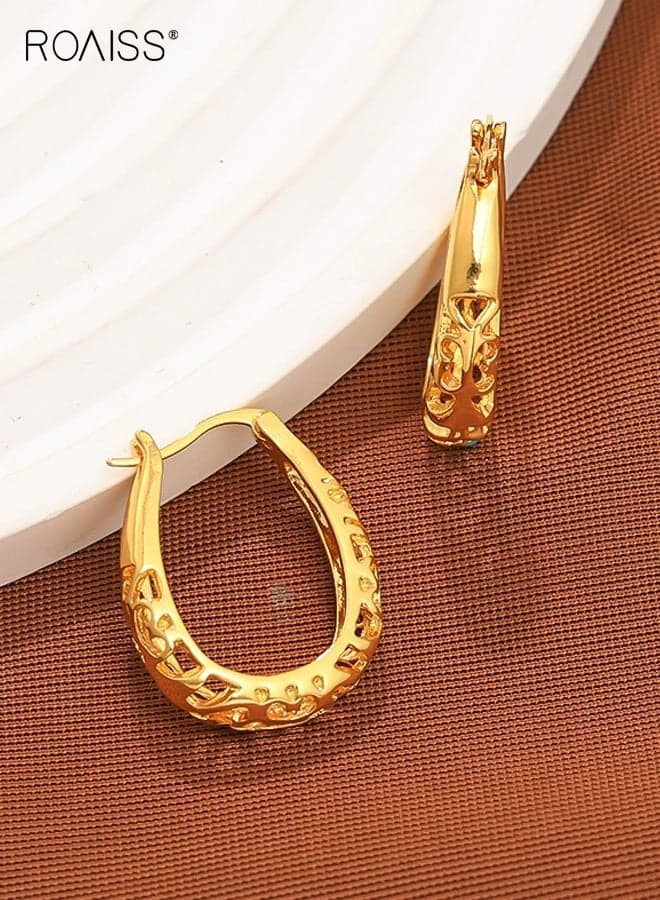 Gold Filigree Hoop Earrings for Women, Gold Plated Thick Chunky Hoop Earrings, Boho Vintage Filigree Earrings Hollow Oval Hoop Earrings for Ladies