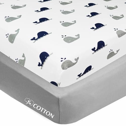American Baby Company 2 Pack 100% Natural Cotton Fitted Crib Sheets 52" x 28" - Soft, Breathable, Hypoallergenic & Gentle Toddler Bed Sheets, Navy Whale and Gray, Neutral for Boys & Girls