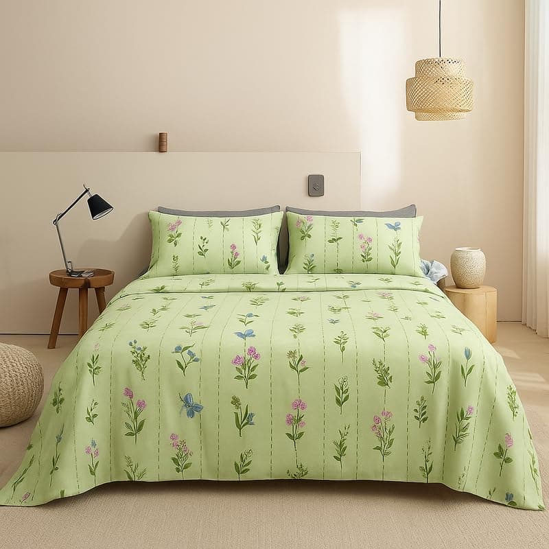 SANMARINO 300 TC Microfiber XXL Soft Cotton Super King Size Bedsheet for Double Bed, King Size 108 Inches X 108 Inches, 9 Feet, 275 X 275 cm with 2 Large Size Pillow Covers - Floral Olive Green
