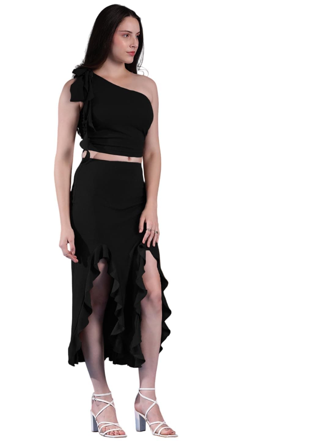 KOTTY Women's One Shoulder Sleeveless Top Skirt Co-Ords(Black,L)