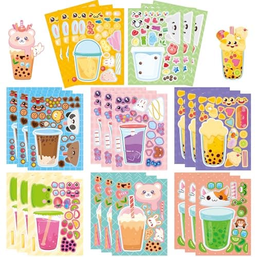 Conzon 24PCS Make Your Own Bubble Tea Stickers Adorable Milk Tea Mix and Match Sticker Party Games Drink Make a Face Stickers for Adults Family DIY Crafts Party Supplies Birthday Gifts