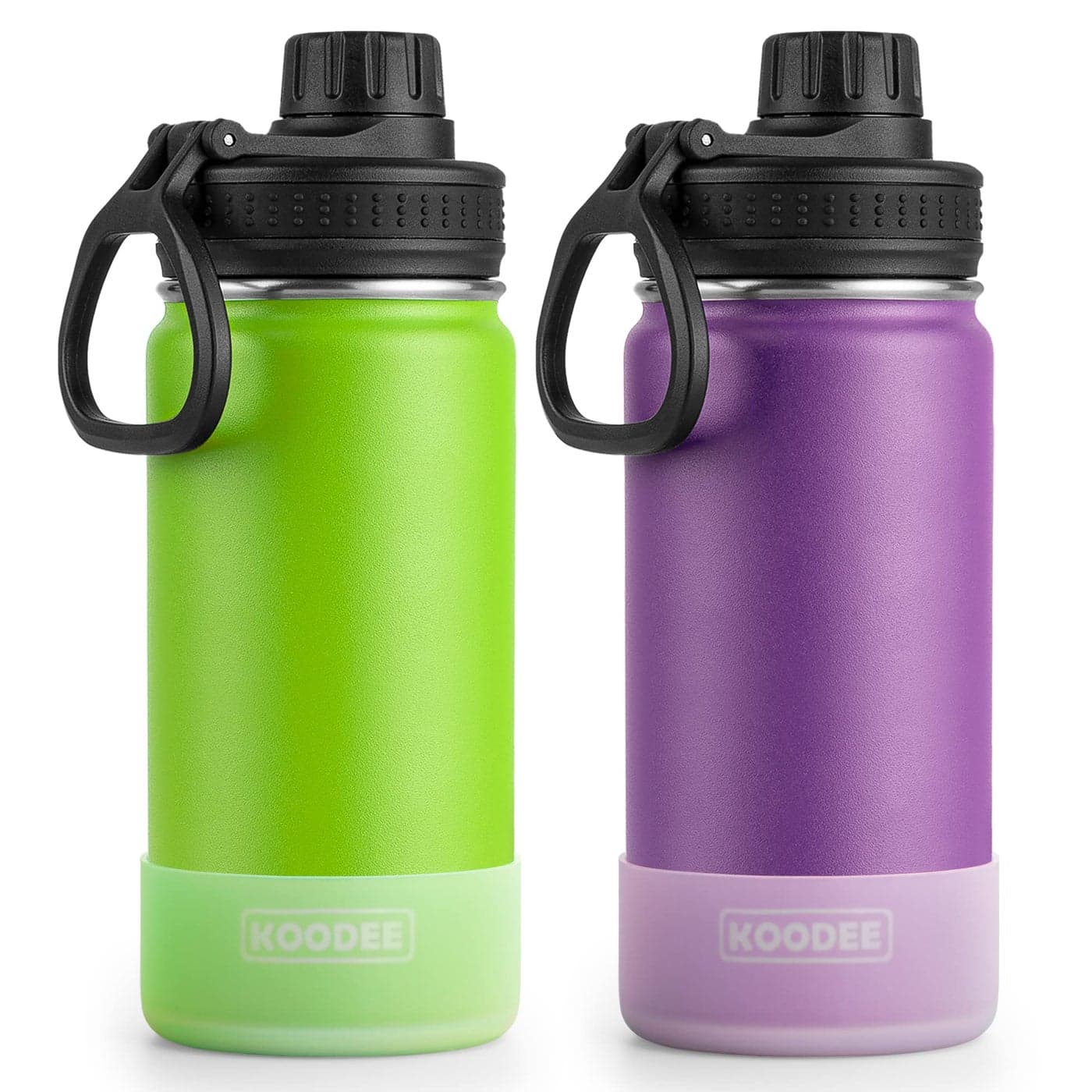 Koodee Stainless Steel Vacuum Insulated Metal Water Bottle 16 oz 2 Pack Apple GreenPurple for Girls Sports School