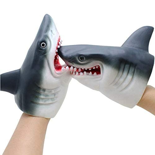 GeminiGenius Shark Hand Puppet Toys for Kids Swimming Pool Beach Bath Toys Soft Rubber Realistic Great White Sharks Puppets Role Play Toys Marine Animal World Puppets for Kids 2Pcs