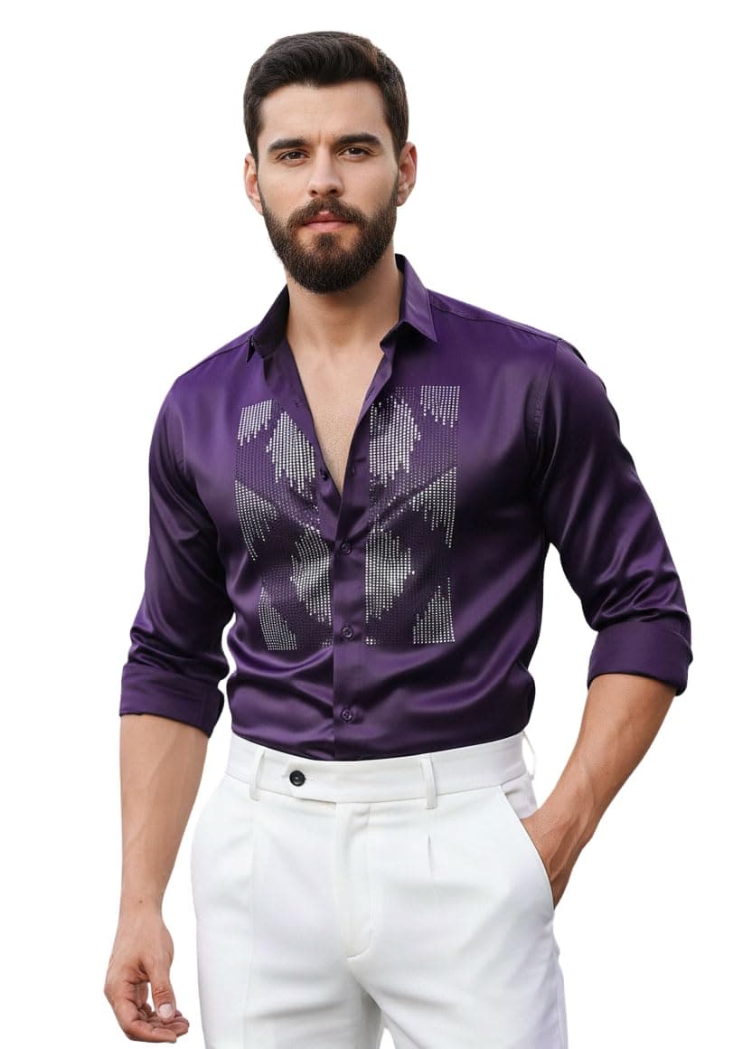 IndoPrimo Men’s Satin Shirt for Party, Formal and Casual Wear – Stylish and Trendy Designer Full Sleeve Shirt for Men Wine